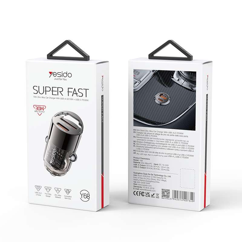 Yesido Y68 PD30W Type-C + QC18W USB Zinc Alloy Mini Car Charger(Metal Grey)