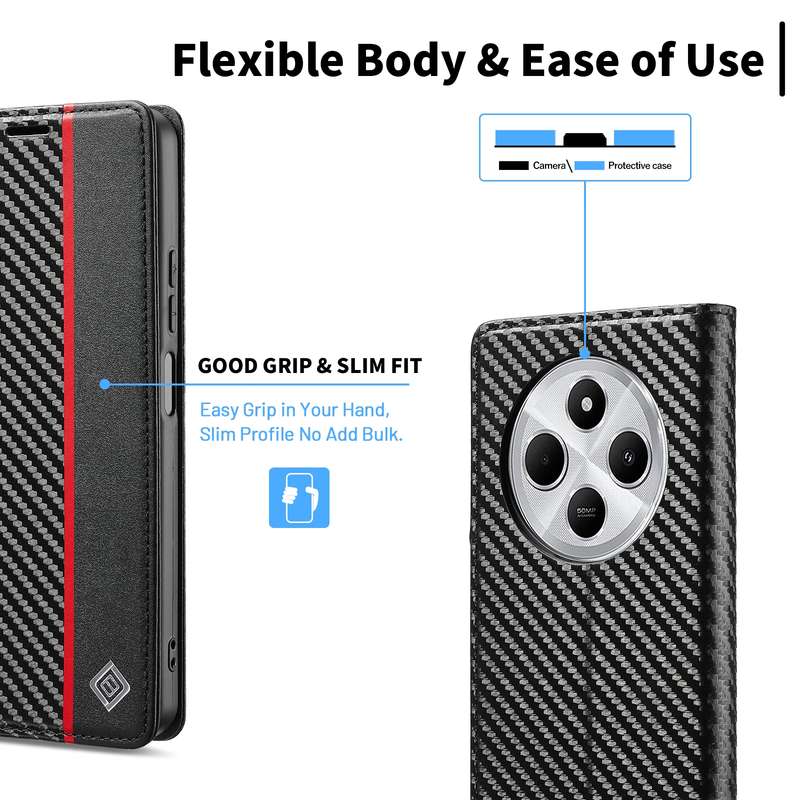 For Redmi 14C 4G LC.IMEEKE Carbon Fiber Texture Flip Leather Phone Case(Horizontal Black)