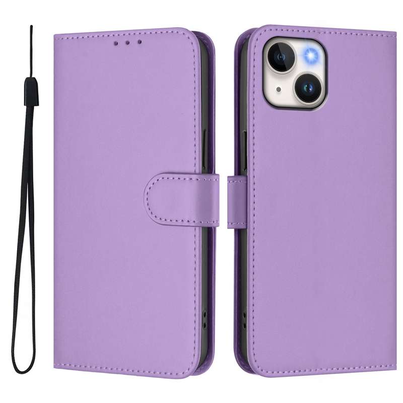 For iPhone 13 mini Skin Feel Solid Color Leather Phone Case with Lanyard(Brown)