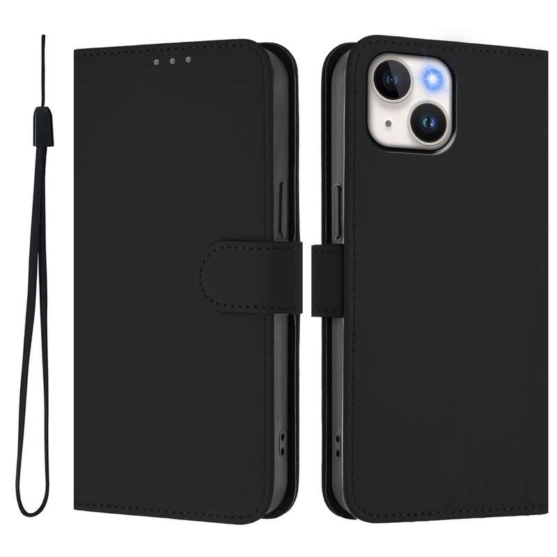 For iPhone 13 mini Skin Feel Solid Color Leather Phone Case with Lanyard(Brown)