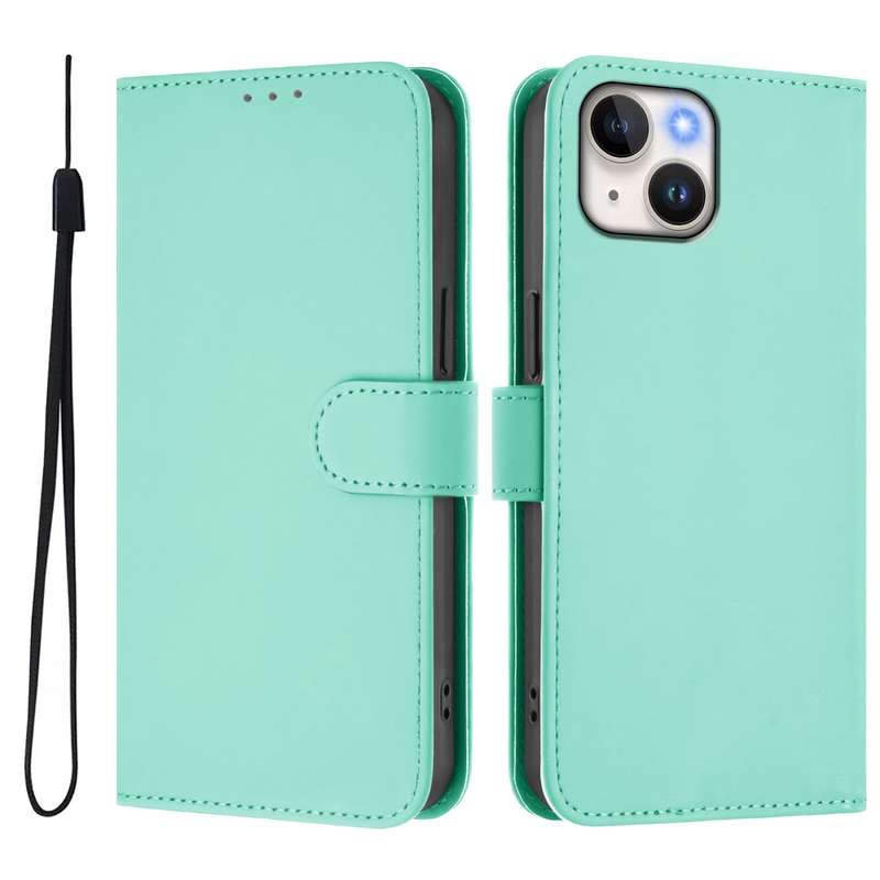 For iPhone 13 mini Skin Feel Solid Color Leather Phone Case with Lanyard(Brown)