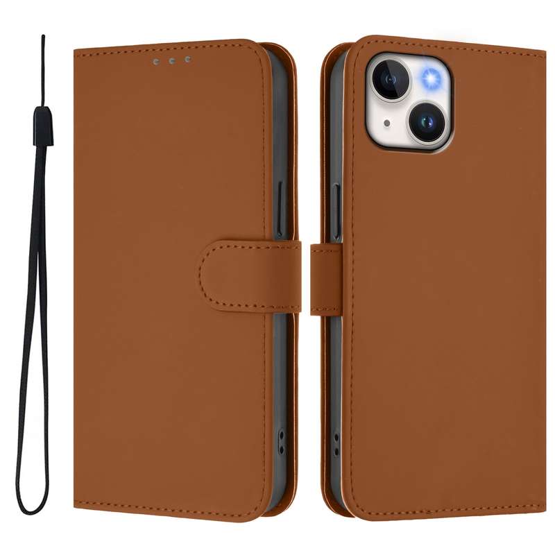 For iPhone 12 mini Skin Feel Solid Color Leather Phone Case with Lanyard(Brown)
