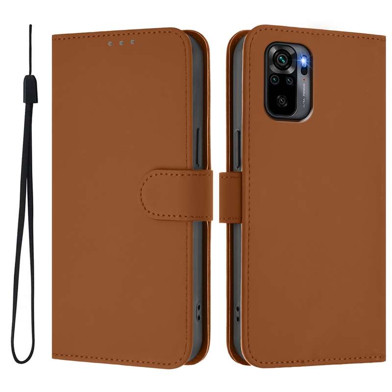 For Redmi Note 10 4G / Note 10S 4G Skin Feel Solid Color Leather Phone Case with Lanyard(Brown)