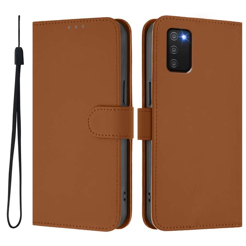 For Samsung Galaxy A03s 164mm Skin Feel Solid Color Leather Phone Case with Lanyard(Brown)