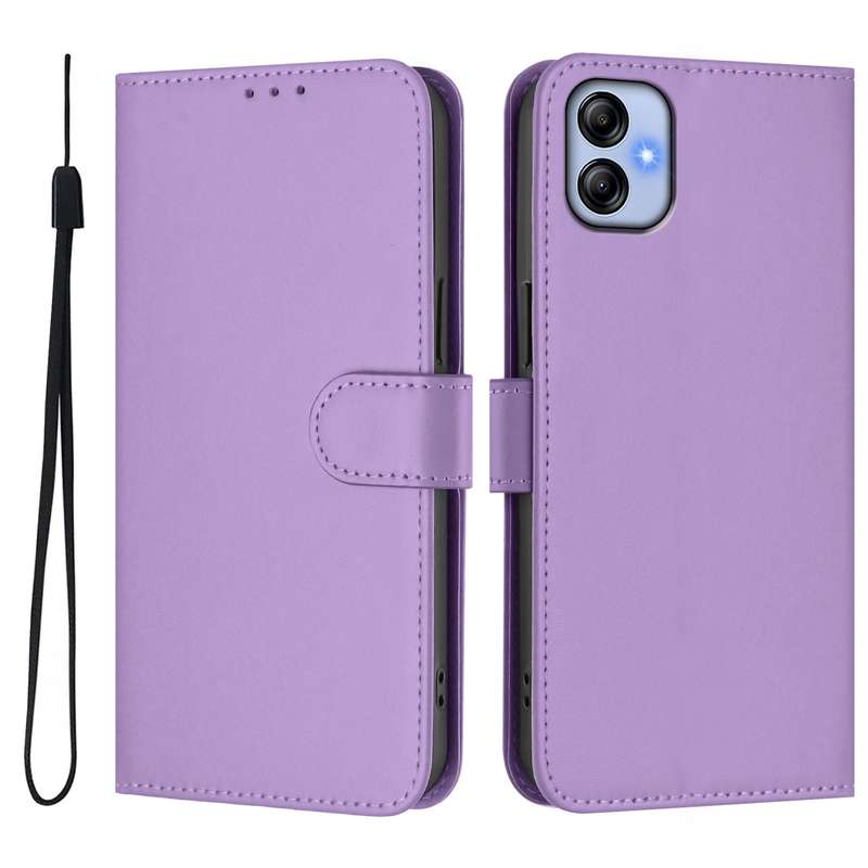 For Samsung Galaxy A04e / F04 / M04 4G Skin Feel Solid Color Leather Phone Case with Lanyard(Brown)