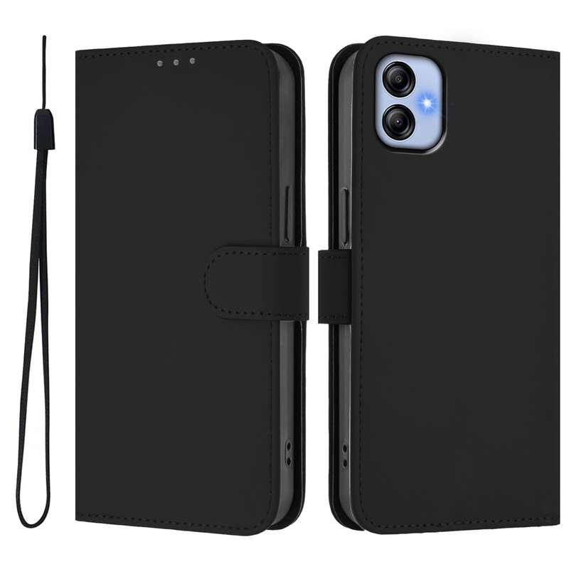For Samsung Galaxy A04e / F04 / M04 4G Skin Feel Solid Color Leather Phone Case with Lanyard(Brown)