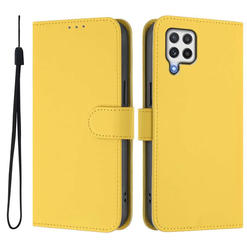 For Samsung Galaxy A22 4G Skin Feel Solid Color Leather Phone Case with Lanyard(Brown)