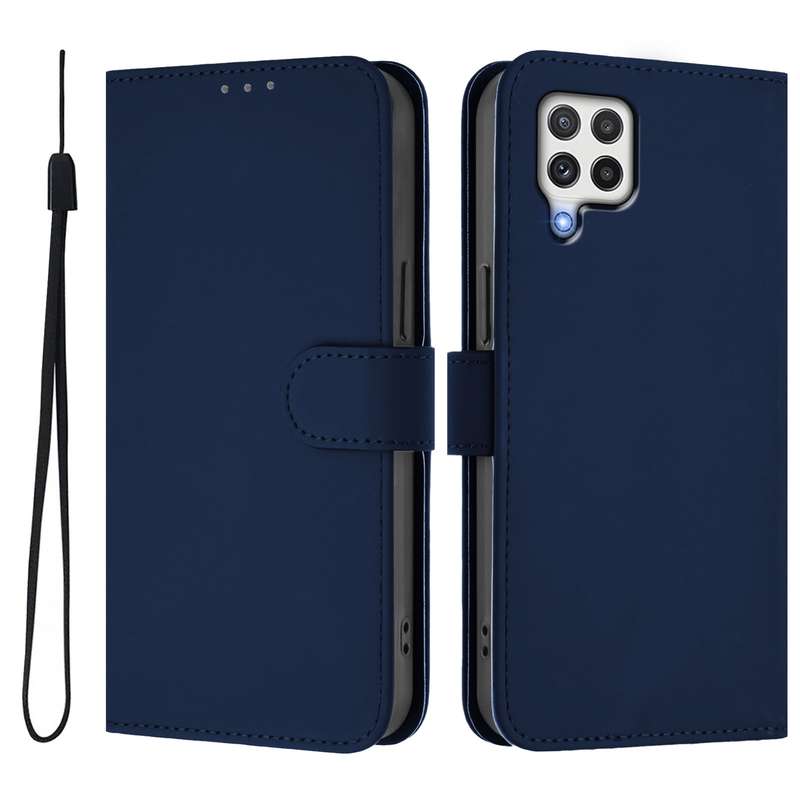 For Samsung Galaxy A22 4G Skin Feel Solid Color Leather Phone Case with Lanyard(Brown)