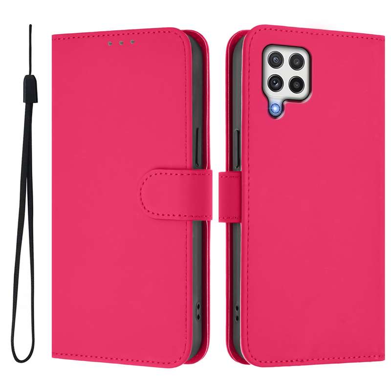 For Samsung Galaxy A22 4G Skin Feel Solid Color Leather Phone Case with Lanyard(Brown)