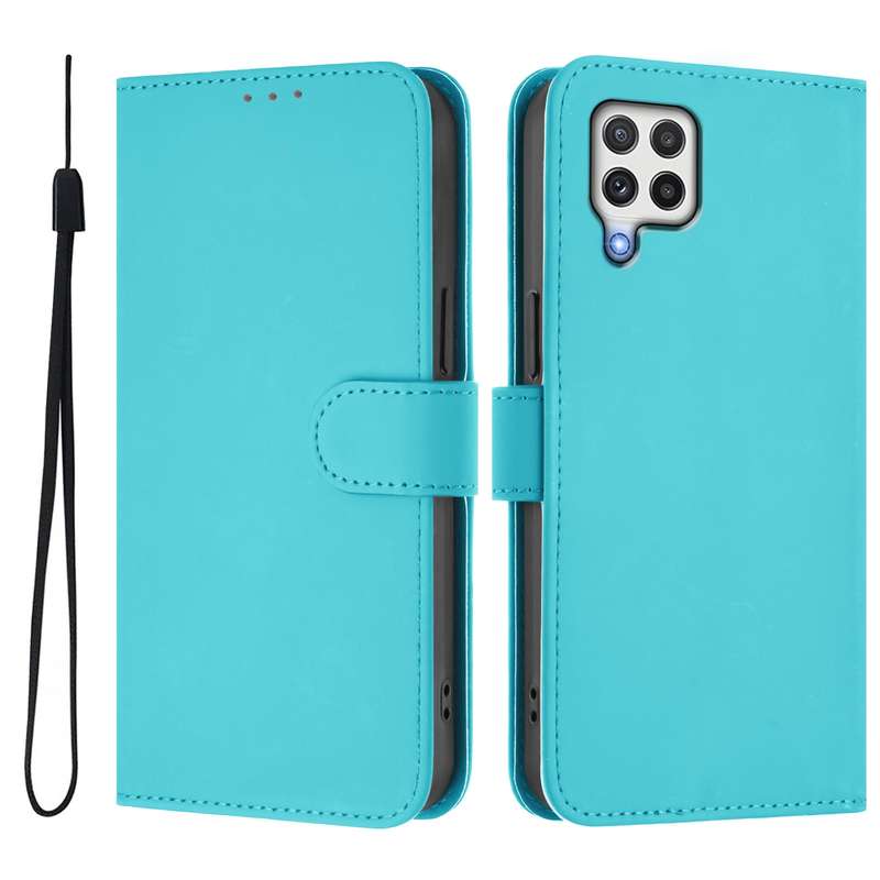 For Samsung Galaxy A22 4G Skin Feel Solid Color Leather Phone Case with Lanyard(Brown)