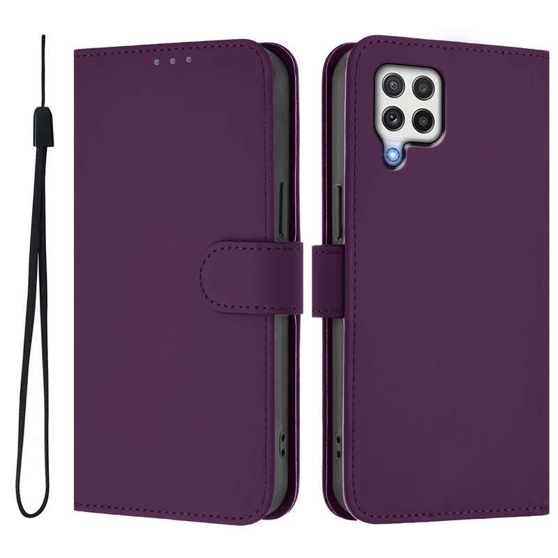 For Samsung Galaxy A22 4G Skin Feel Solid Color Leather Phone Case with Lanyard(Brown)