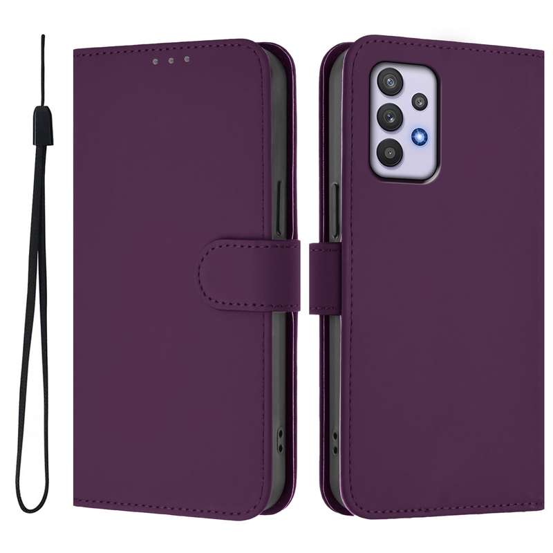 For Samsung Galaxy A32 4G Skin Feel Solid Color Leather Phone Case with Lanyard(Brown)