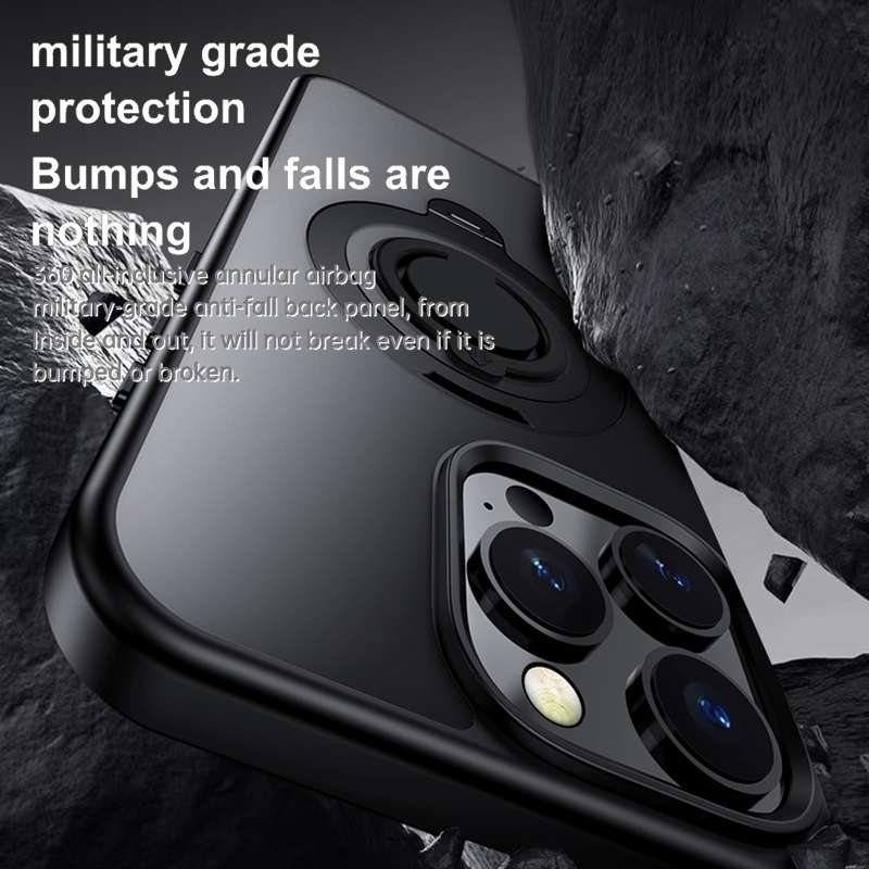 For iPhone 13 Pro Max Frosted MagSafe Magnetic Rotating Ring Holder Phone Case(Black)