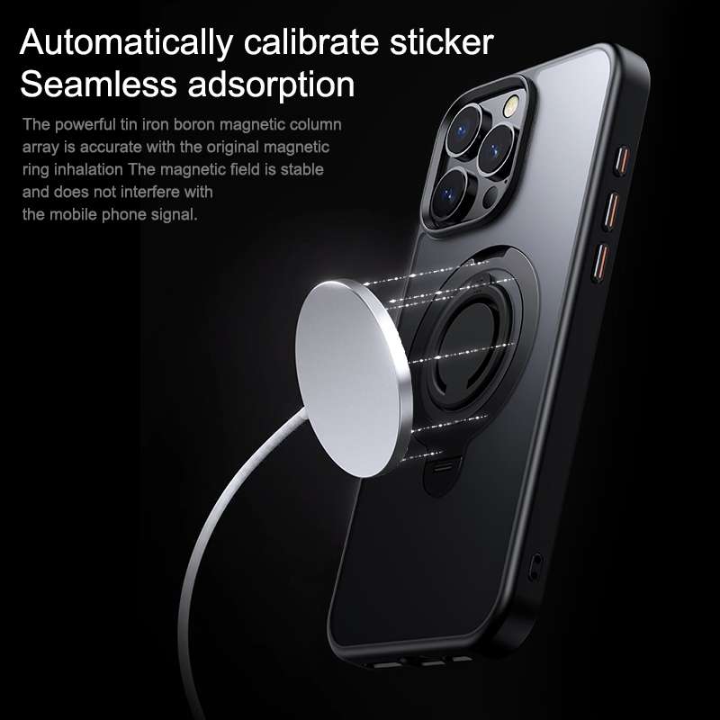For iPhone 13 Pro Max Frosted MagSafe Magnetic Rotating Ring Holder Phone Case(Black)