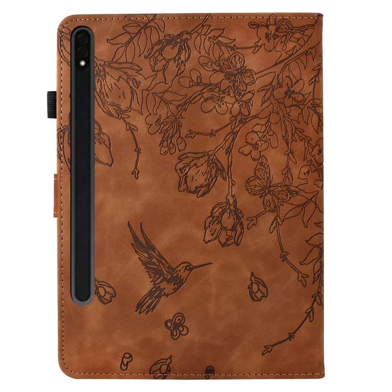 For Samsung Galaxy Tab S9 Flowers and Bird Embossed Smart Leather Tablet Case(Brown)