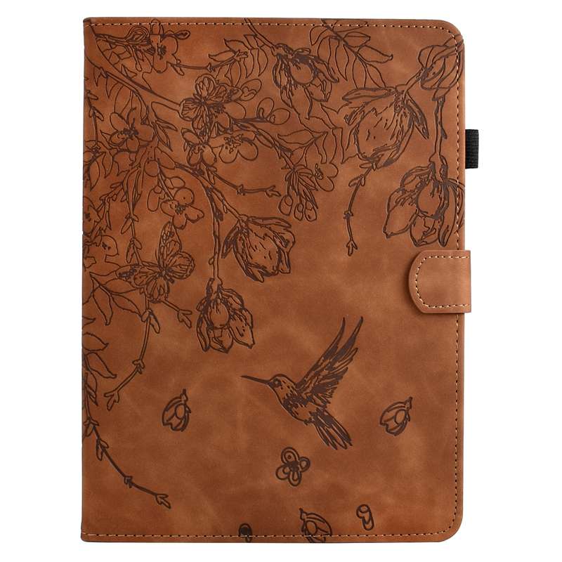 For Samsung Galaxy Tab A 10.5 T590 Flowers and Bird Embossed Smart Leather Tablet Case(Brown)
