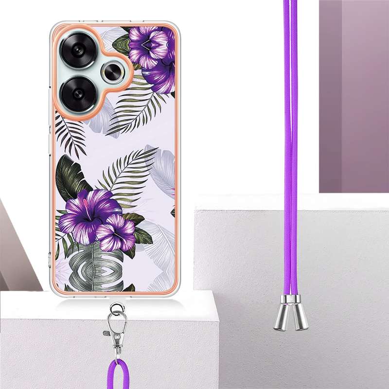 For Xiaomi Poco F6 5G Electroplating Pattern IMD TPU Shockproof Case with Neck Lanyard(Pink Scales)