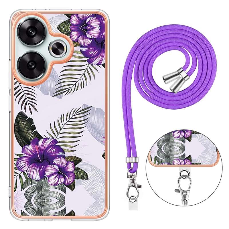 For Xiaomi Poco F6 5G Electroplating Pattern IMD TPU Shockproof Case with Neck Lanyard(Pink Scales)