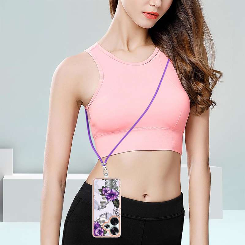 For Xiaomi Poco F6 5G Electroplating Pattern IMD TPU Shockproof Case with Neck Lanyard(Pink Scales)