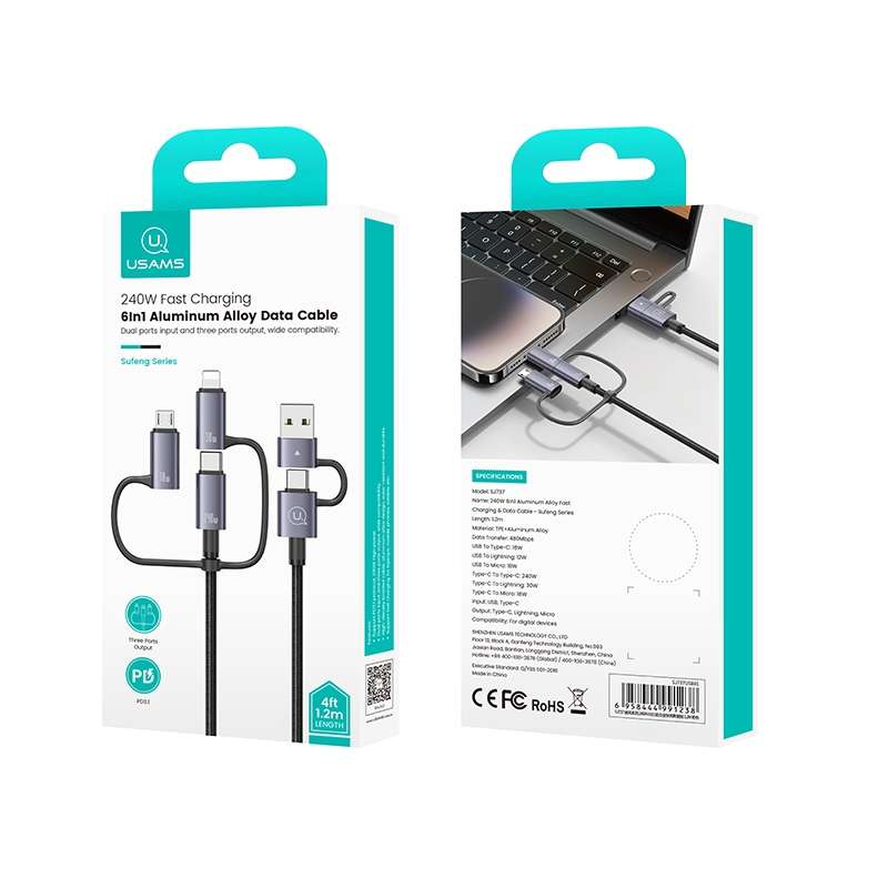 USAMS SJ738 240W 6 in 1 Aluminum Alloy Fast Data Charging Cable, Length: 2m(Gun Color)