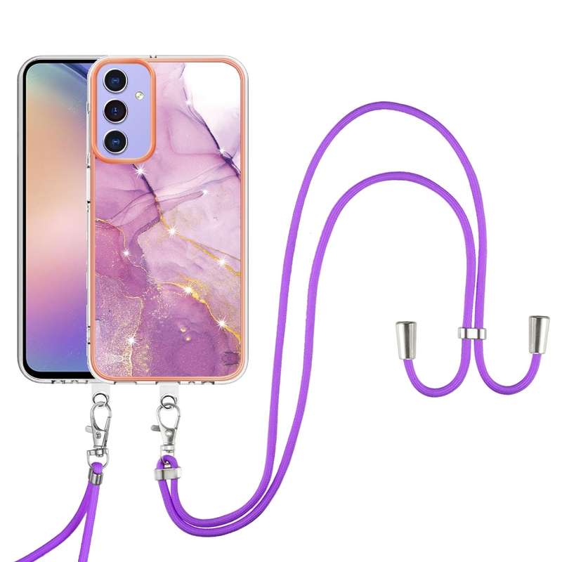 For Samsung Galaxy A16 5G Electroplating Marble Dual-side IMD Phone Case with Lanyard(Purple 001)