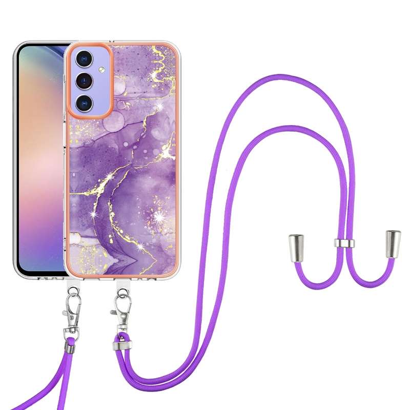 For Samsung Galaxy A16 5G Electroplating Marble Dual-side IMD Phone Case with Lanyard(Purple 001)