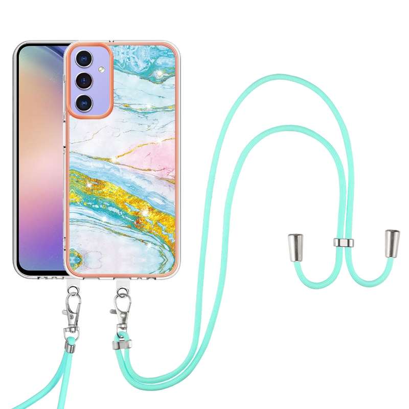 For Samsung Galaxy A16 5G Electroplating Marble Dual-side IMD Phone Case with Lanyard(Purple 001)
