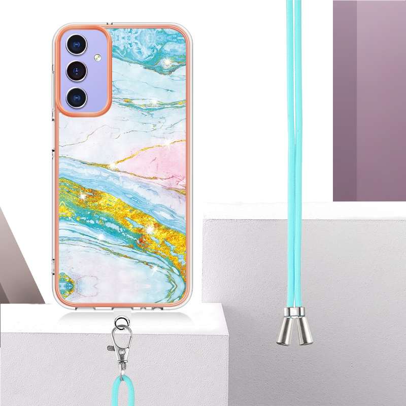 For Samsung Galaxy A16 5G Electroplating Marble Dual-side IMD Phone Case with Lanyard(Purple 001)