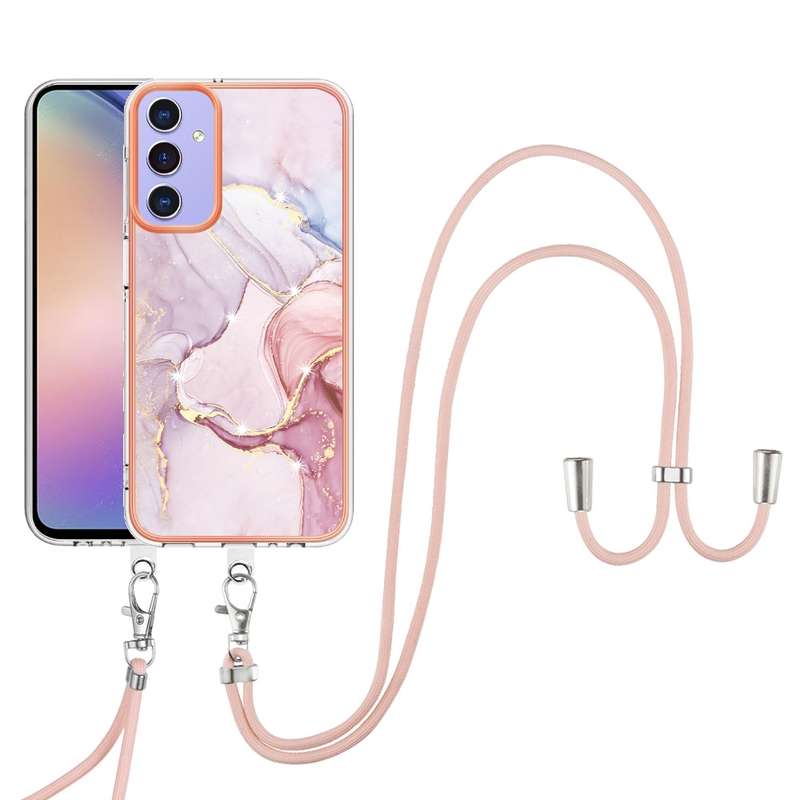 For Samsung Galaxy A16 5G Electroplating Marble Dual-side IMD Phone Case with Lanyard(Purple 001)