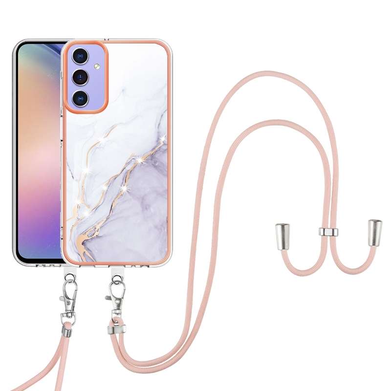 For Samsung Galaxy A16 5G Electroplating Marble Dual-side IMD Phone Case with Lanyard(Purple 001)