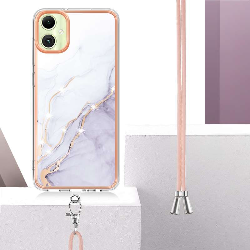 For Samsung Galaxy A06 4G Electroplating Marble Dual-side IMD Phone Case with Lanyard(Purple 001)