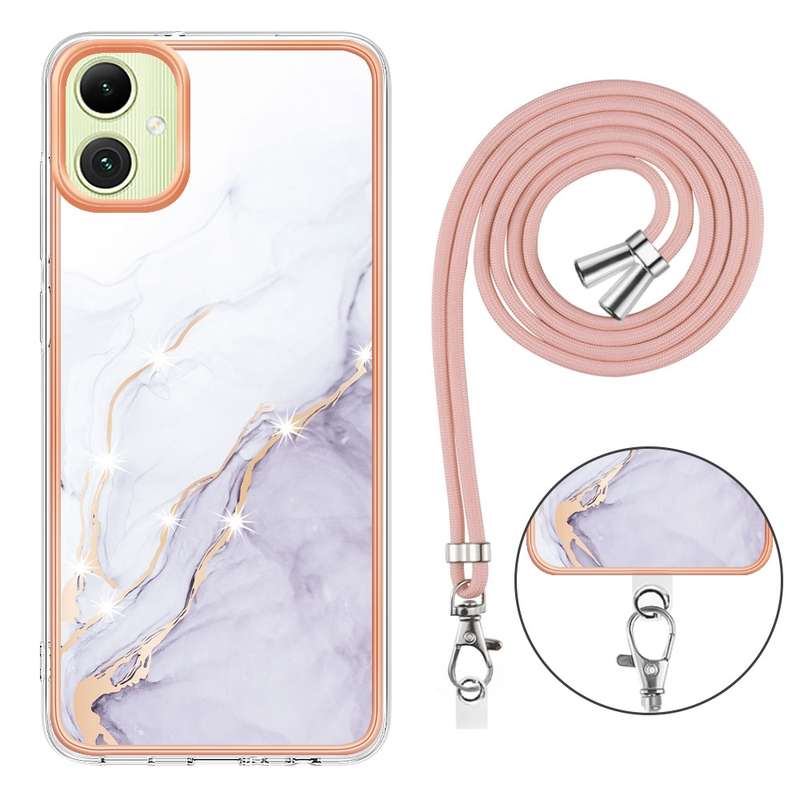 For Samsung Galaxy A06 4G Electroplating Marble Dual-side IMD Phone Case with Lanyard(Purple 001)