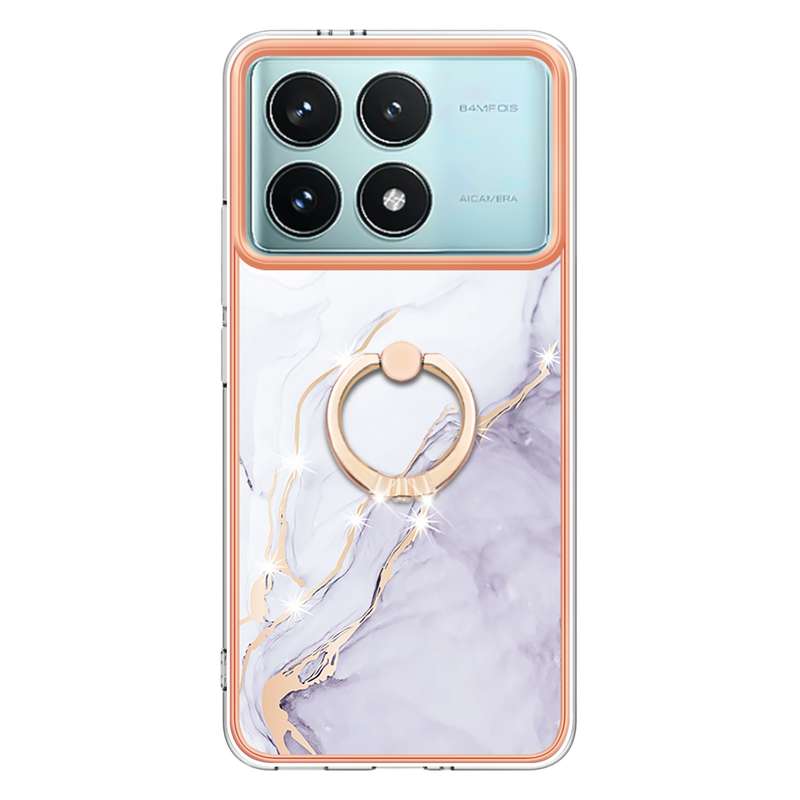 For Xiaomi Poco F6 Pro 5G Electroplating Marble IMD TPU Phone Case with Ring Holder(White 006)