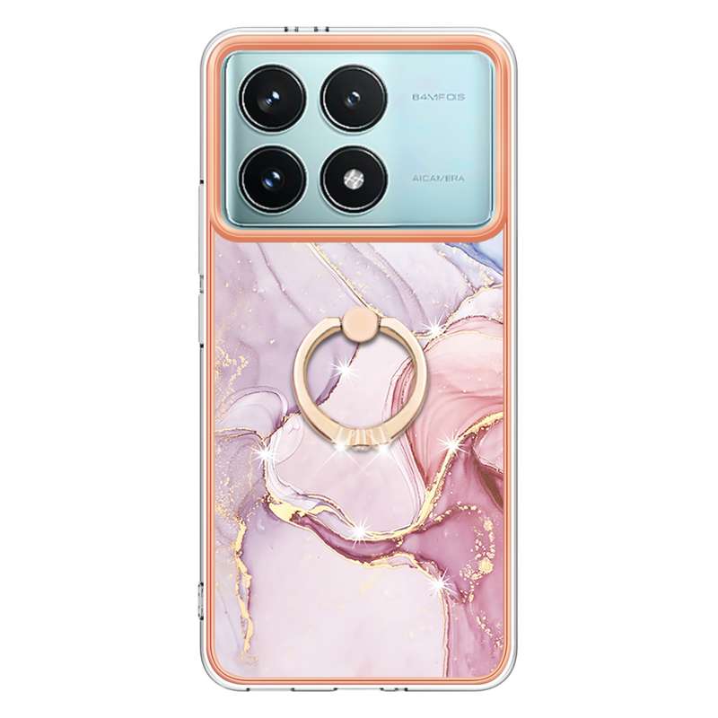 For Xiaomi Poco F6 Pro 5G Electroplating Marble IMD TPU Phone Case with Ring Holder(White 006)