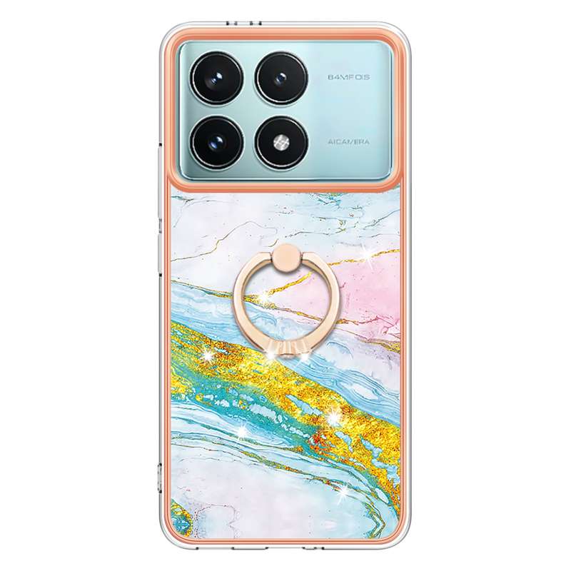 For Xiaomi Poco F6 Pro 5G Electroplating Marble IMD TPU Phone Case with Ring Holder(White 006)