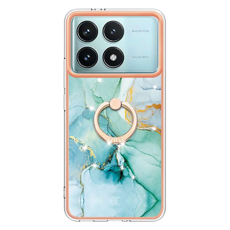 For Xiaomi Poco F6 Pro 5G Electroplating Marble IMD TPU Phone Case with Ring Holder(White 006)