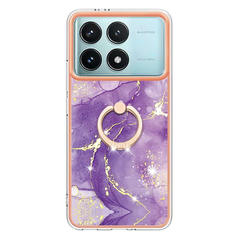 For Xiaomi Poco F6 Pro 5G Electroplating Marble IMD TPU Phone Case with Ring Holder(White 006)