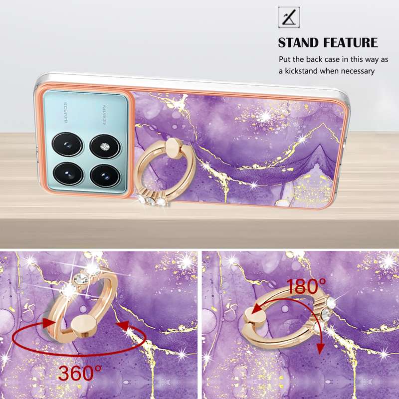 For Xiaomi Poco F6 Pro 5G Electroplating Marble IMD TPU Phone Case with Ring Holder(White 006)