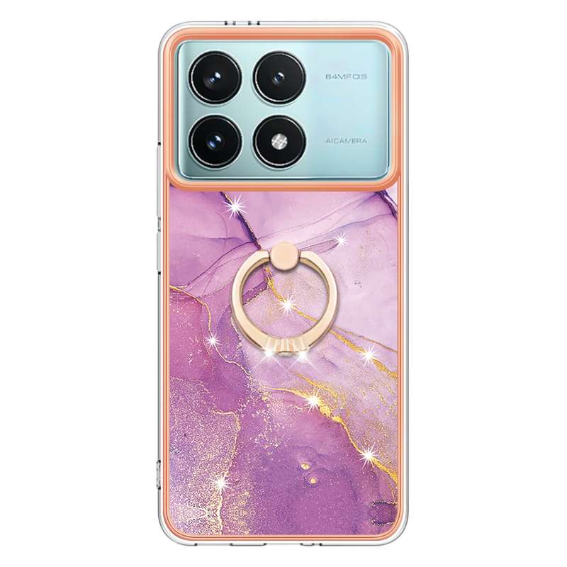 For Xiaomi Poco F6 Pro 5G Electroplating Marble IMD TPU Phone Case with Ring Holder(White 006)