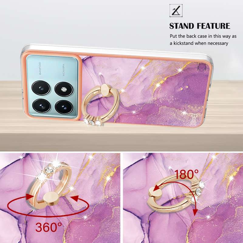 For Xiaomi Poco F6 Pro 5G Electroplating Marble IMD TPU Phone Case with Ring Holder(White 006)