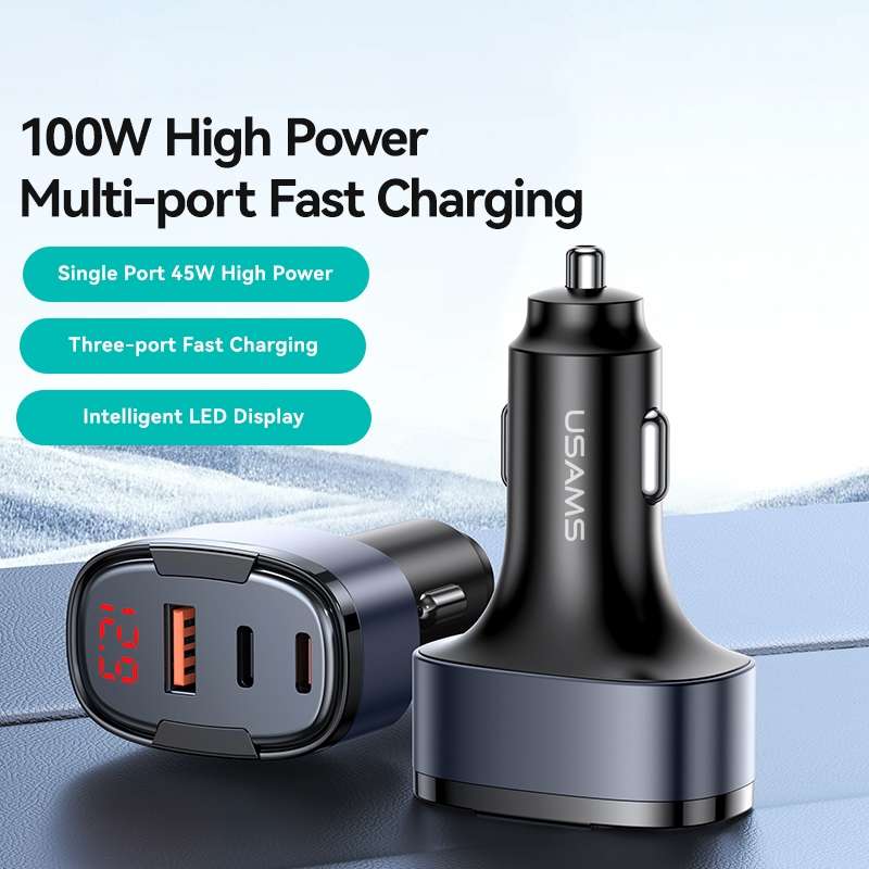 USAMS CC257 C42 100W USB, Type-C, 8 Pin Three Ports Car Fast Charger(Black)