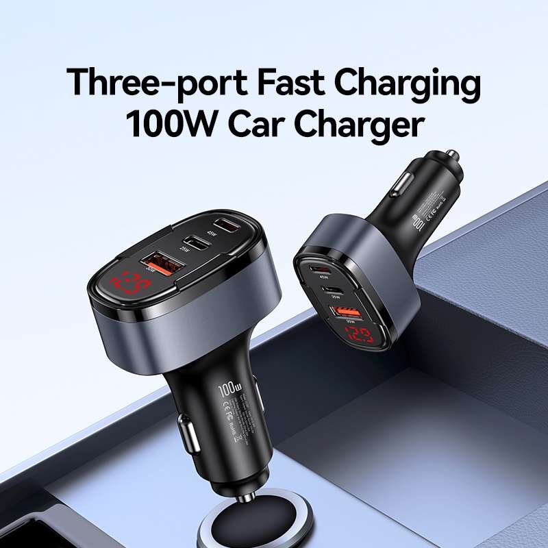 USAMS CC257 C42 100W USB, Type-C, 8 Pin Three Ports Car Fast Charger(Black)