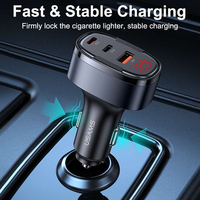 USAMS CC257 C42 100W USB, Type-C, 8 Pin Three Ports Car Fast Charger(Black)