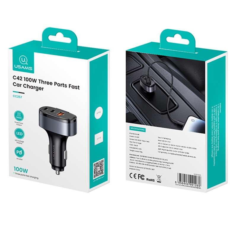 USAMS CC257 C42 100W USB, Type-C, 8 Pin Three Ports Car Fast Charger(Black)