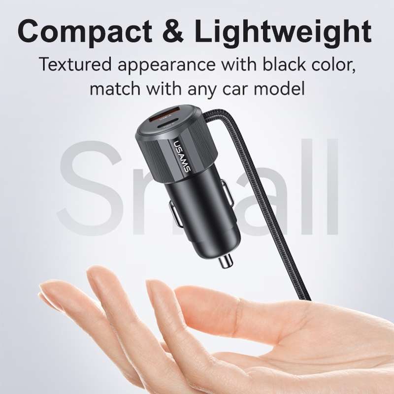 USAMS CC287 YT Series 66W USB and Type-C Dual Ports Car Fast Charger with 2 in 1 Cable(Black)