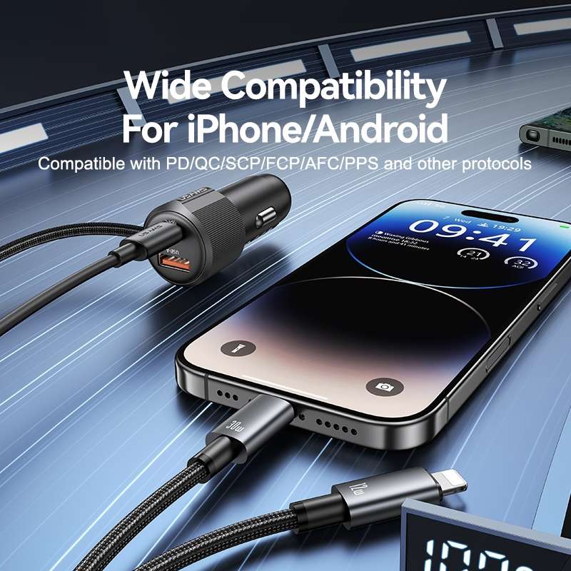 USAMS CC287 YT Series 66W USB and Type-C Dual Ports Car Fast Charger with 2 in 1 Cable(Black)