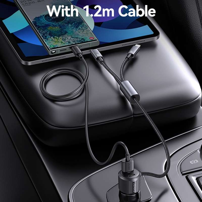 USAMS CC287 YT Series 66W USB and Type-C Dual Ports Car Fast Charger with 2 in 1 Cable(Black)