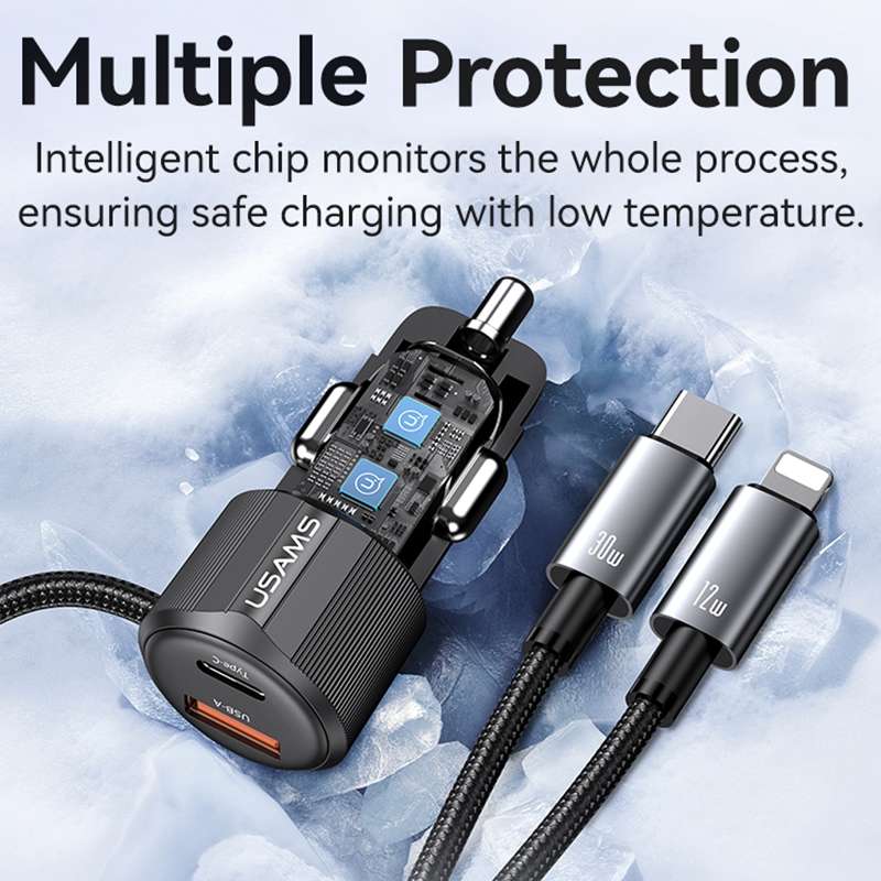 USAMS CC287 YT Series 66W USB and Type-C Dual Ports Car Fast Charger with 2 in 1 Cable(Black)