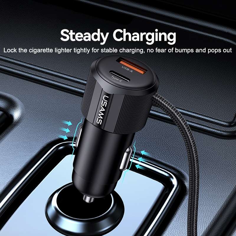 USAMS CC287 YT Series 66W USB and Type-C Dual Ports Car Fast Charger with 2 in 1 Cable(Black)