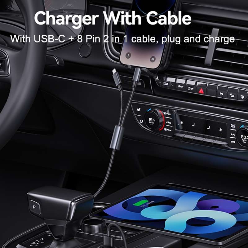 USAMS CC287 YT Series 66W USB and Type-C Dual Ports Car Fast Charger with 2 in 1 Cable(Black)